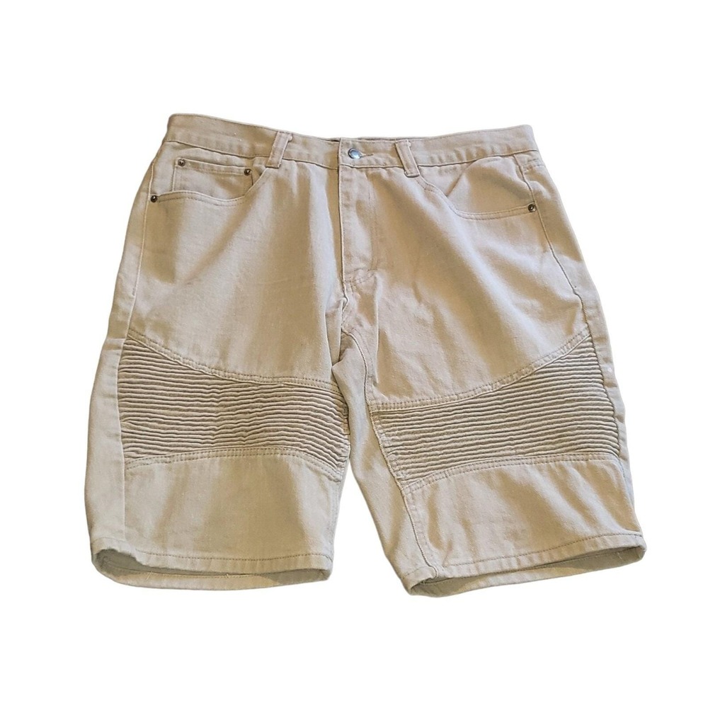 Vintage Moto Biker Jorts‎ Mens 40 Tan Khaki Denim Streetwear Ribbed Jean Shorts